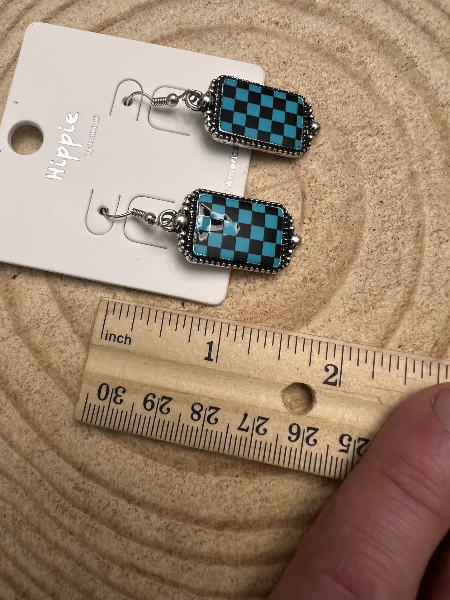 Western Turqoise and Black Checkered Rectangle Earrings — 1½" Drop