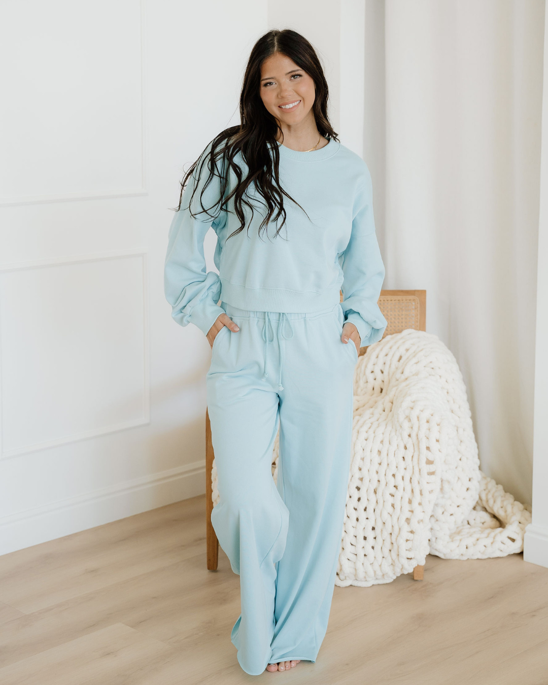Miles Crop Pullover Drawstring Wide Leg Pants Set - Blue