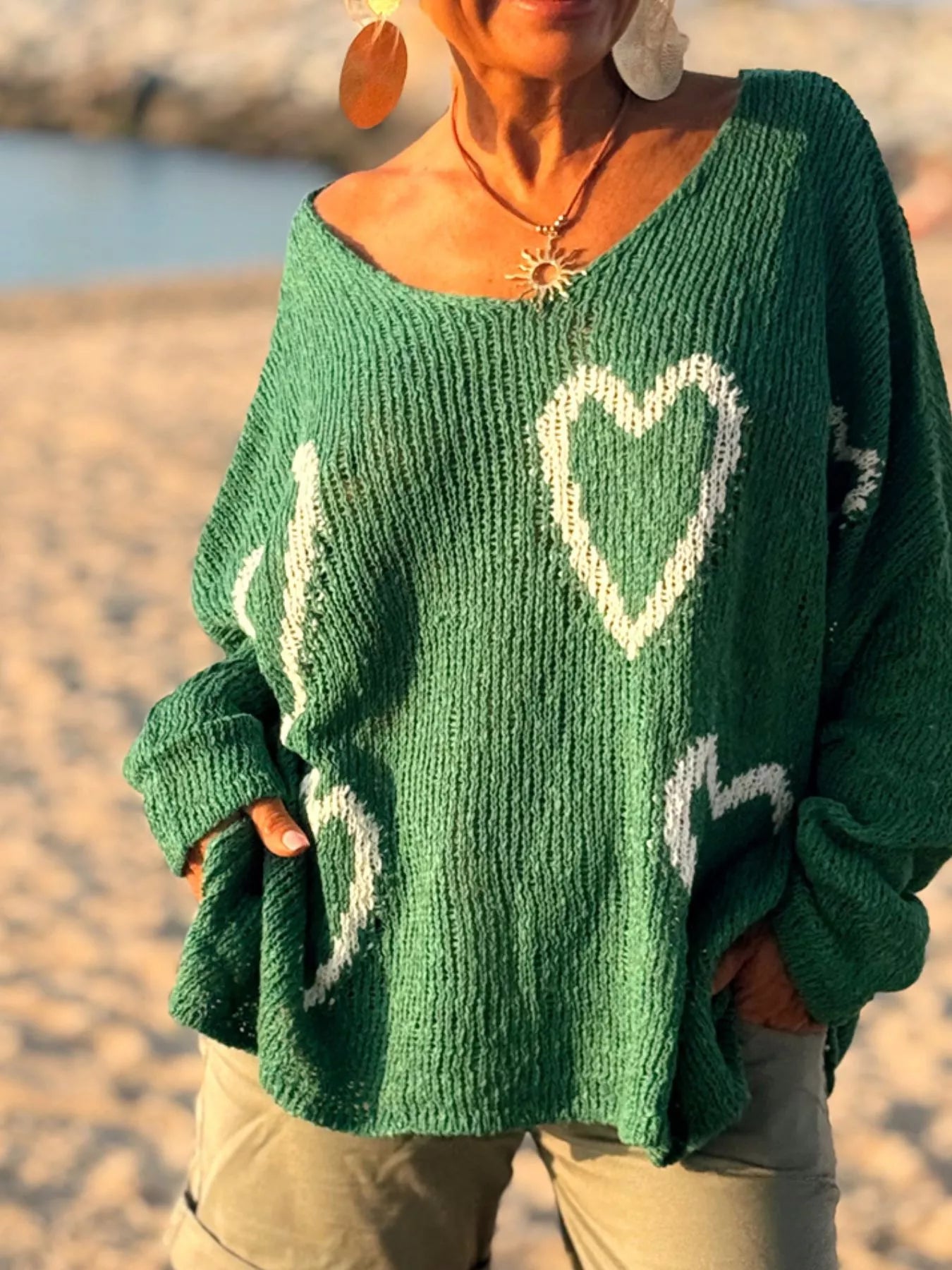 Heart V-Neck Dropped Shoulder Sweater