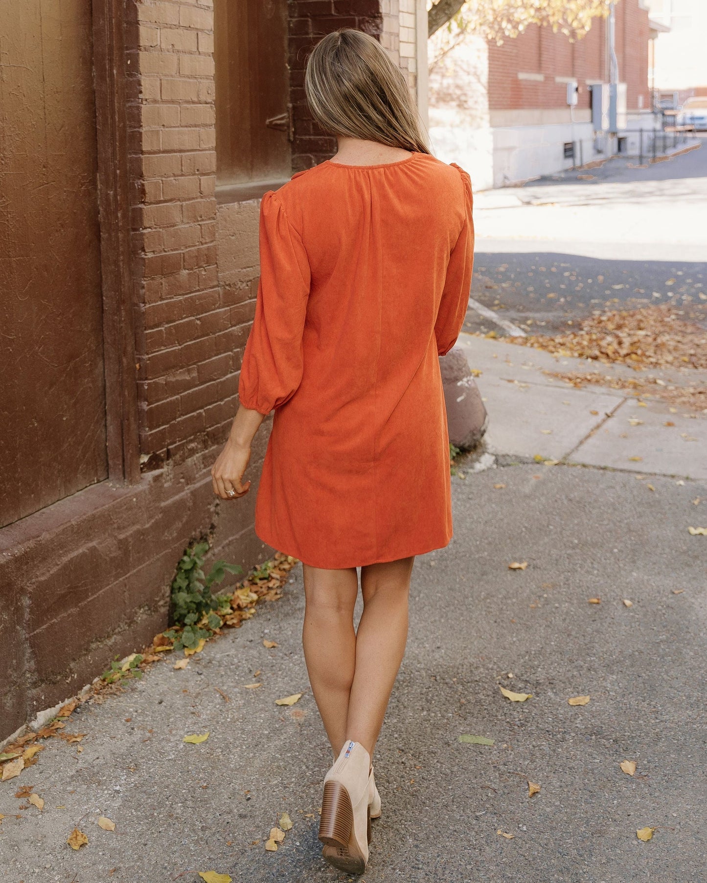 Micah Scallop Detail Pleated Corduroy Mini Dress - Orange