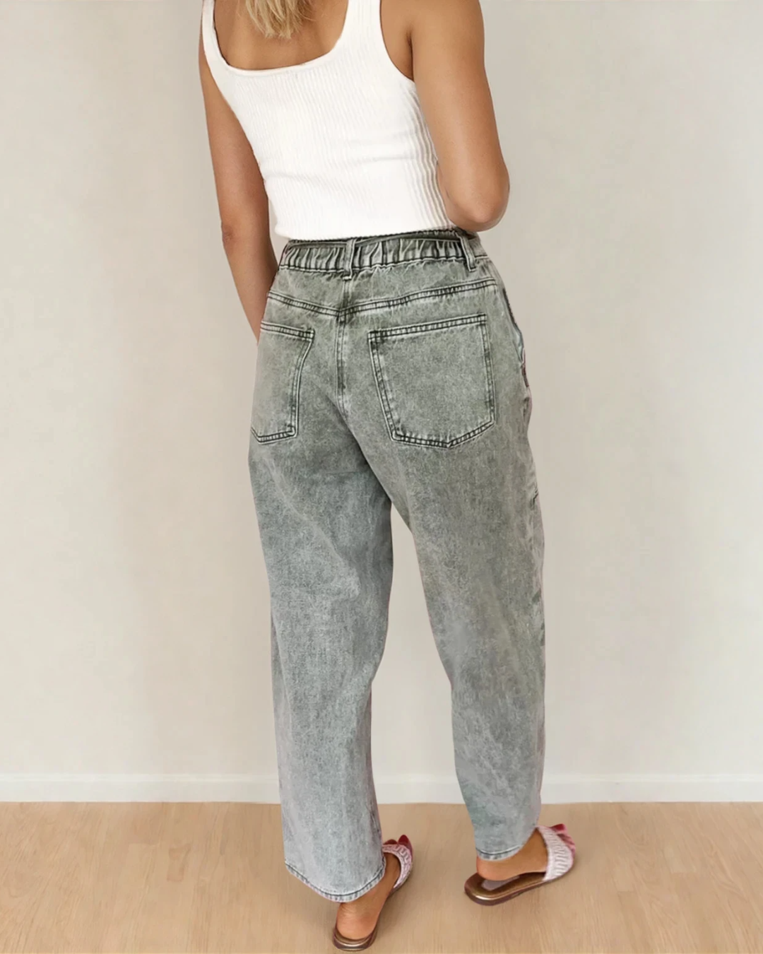 Shiloh Acid Wash Barrel Fit Denim Pants with Waist String - Gray