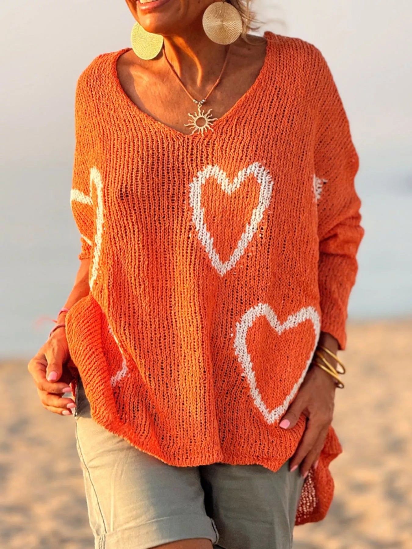 Heart V-Neck Dropped Shoulder Sweater