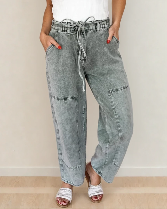 Shiloh Acid Wash Barrel Fit Denim Pants with Waist String - Gray