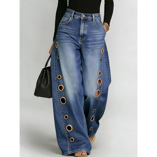 New jeans for women, metal eyelet design, casual loose high-waisted wide-leg jeans