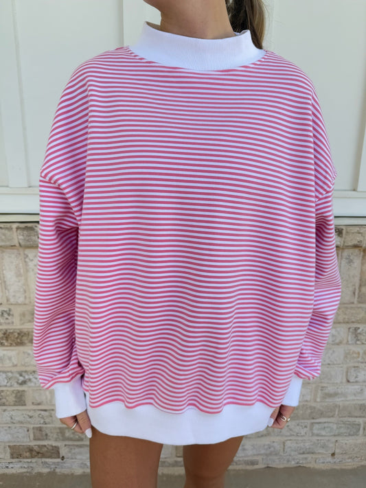 Dark Pink and White Big Striped Mockneck Sweatshirt