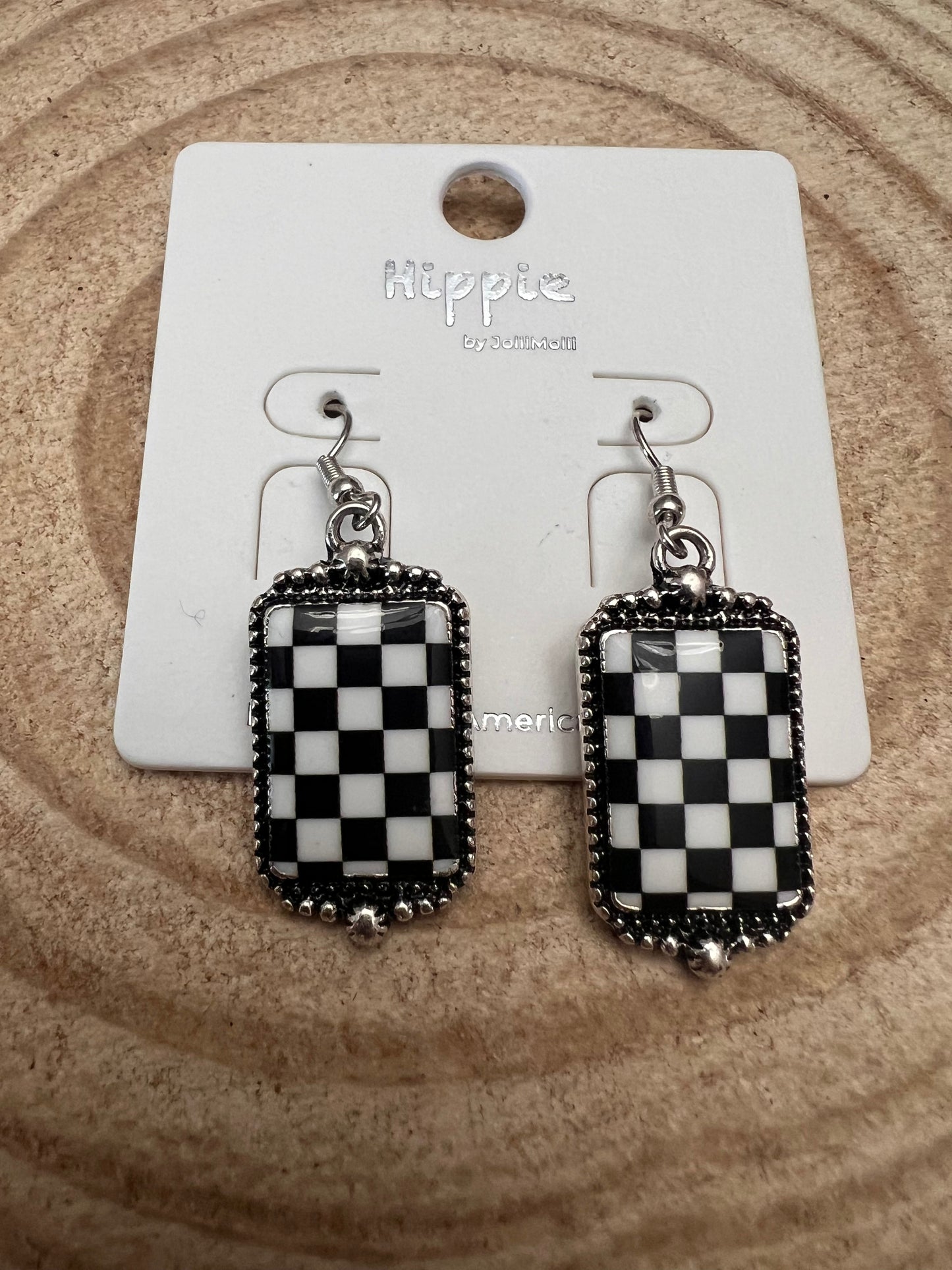 Western Black & White Checkered Rectangle Earrings — 1½" Drop