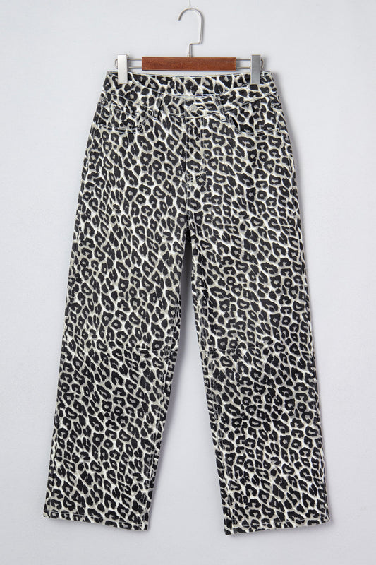 Leopard High Waist Barrel Leg Jeans