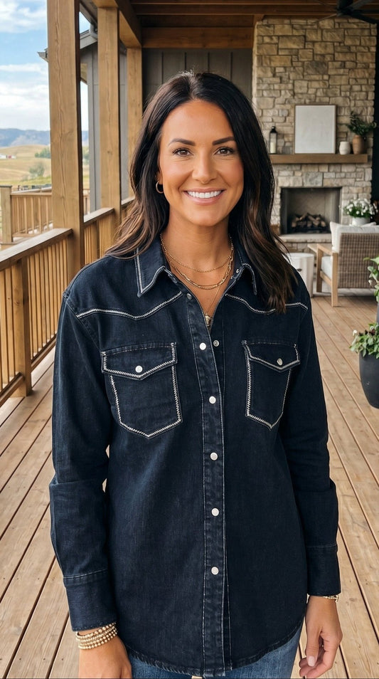 LUCKY & BLESSED Black Contrast Stitching Pearl Snap Denim Western Shirt — Modern Cowgirl Structured Fit