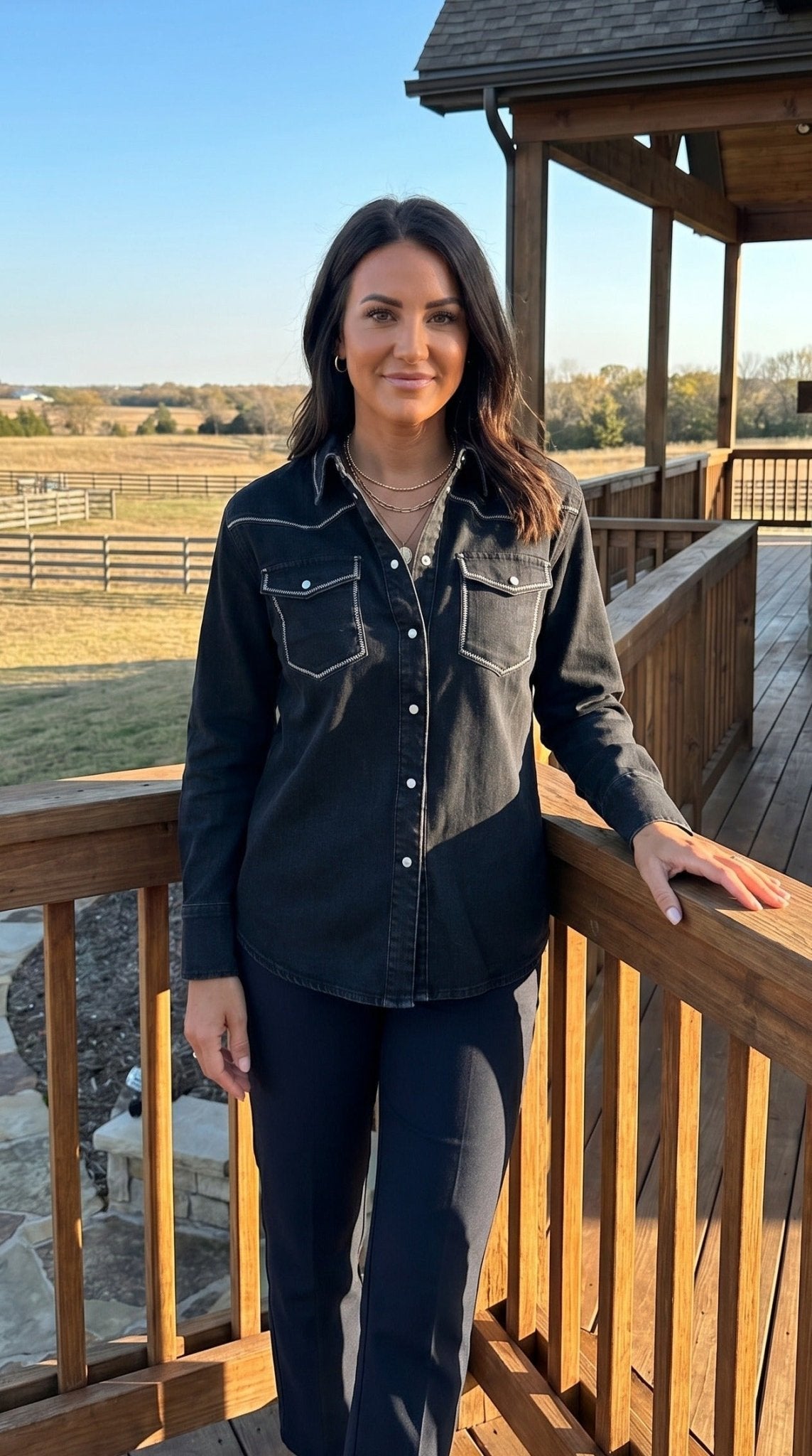LUCKY & BLESSED Black Contrast Stitching Pearl Snap Denim Western Shirt — Modern Cowgirl Structured Fit