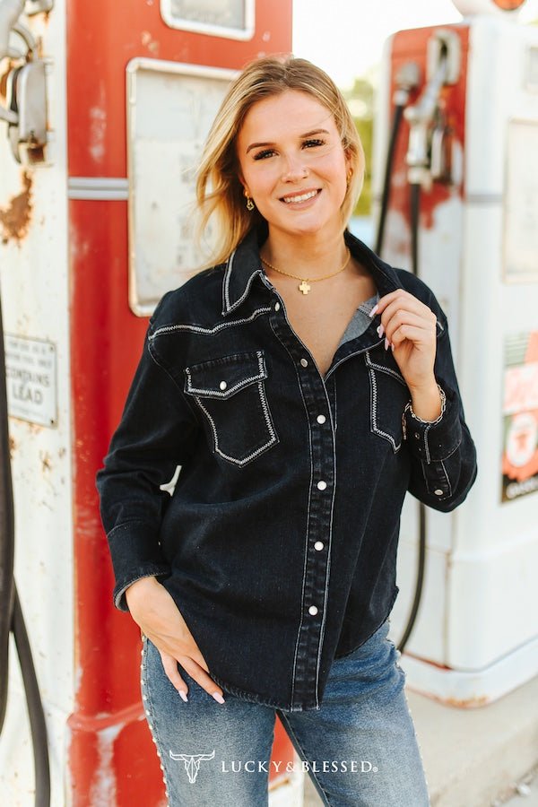 LUCKY & BLESSED Black Contrast Stitching Pearl Snap Denim Western Shirt — Modern Cowgirl Structured Fit