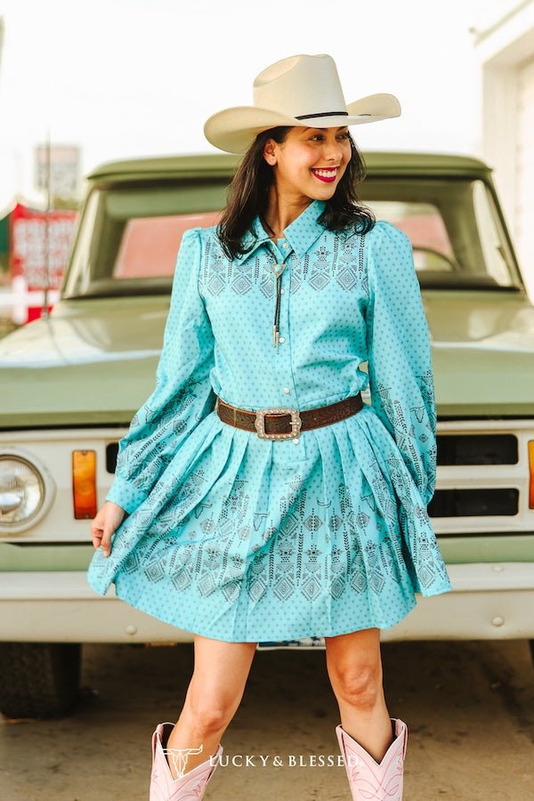 LUCKY & BLESSED "Jade Aztec" Pearl Snap Long-Sleeve Pleated Western Dress — Bold Aztec Print with Pleated Skirt