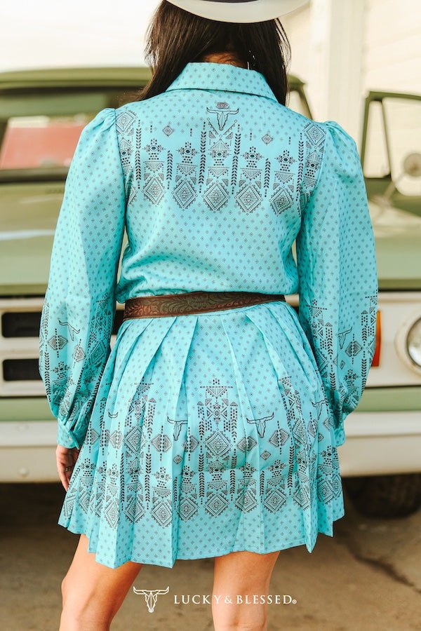 LUCKY & BLESSED "Jade Aztec" Pearl Snap Long-Sleeve Pleated Western Dress — Bold Aztec Print with Pleated Skirt