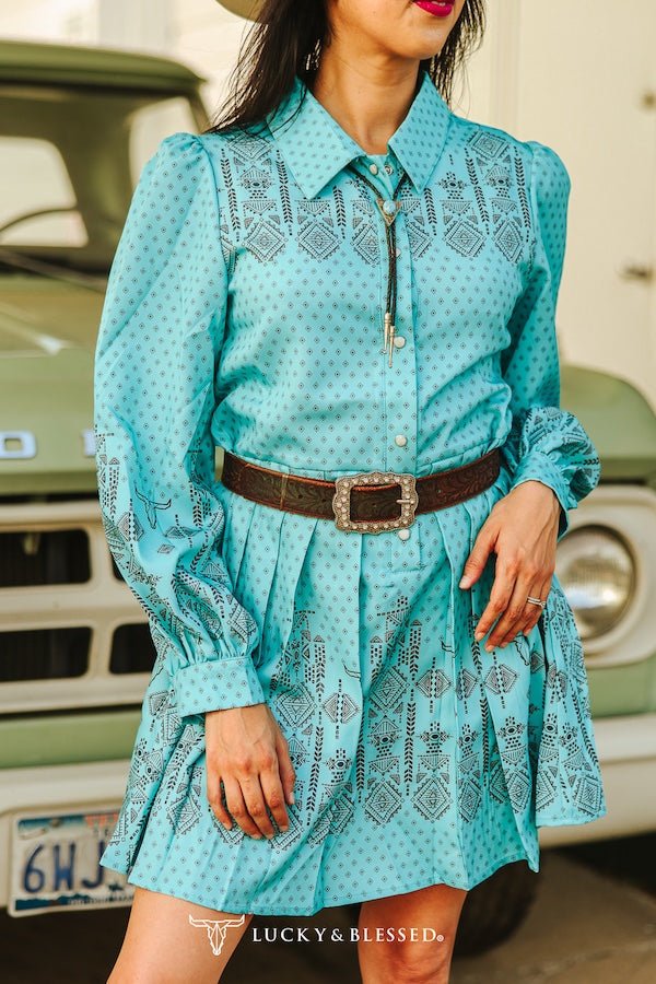 LUCKY & BLESSED "Jade Aztec" Pearl Snap Long-Sleeve Pleated Western Dress — Bold Aztec Print with Pleated Skirt