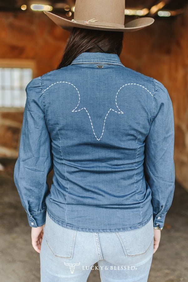 LUCKY & BLESSED Mid Wash Stretch Denim Pearl Snap Western Shirt — Bold Contrast Boot-Stitch Embroidery (Long Sleeve)