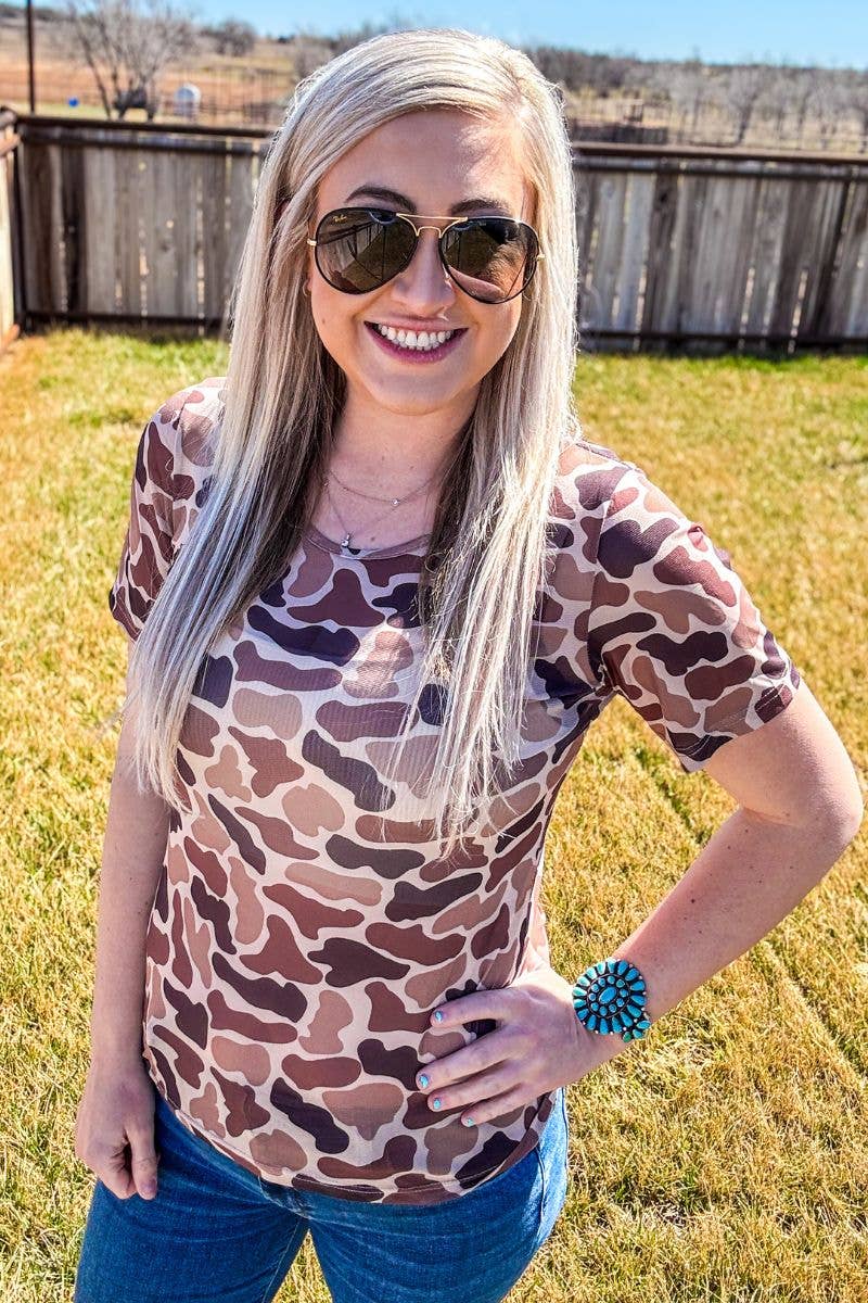 Sterling Kreek "On the Front Line" Western Camo Mesh Short Sleeve Top — Bold Camo Print Layering Piece (small & medium remaining)