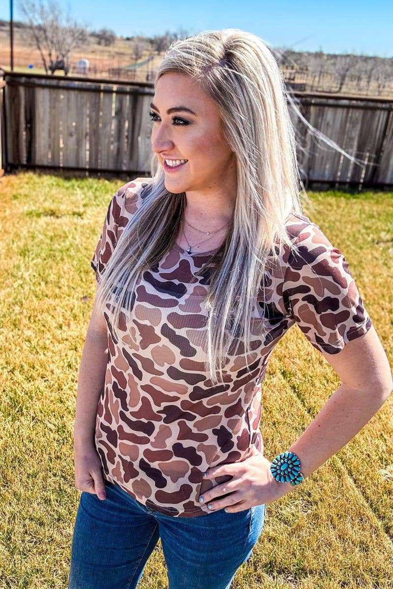 Sterling Kreek "On the Front Line" Western Camo Mesh Short Sleeve Top — Bold Camo Print Layering Piece (small & medium remaining)