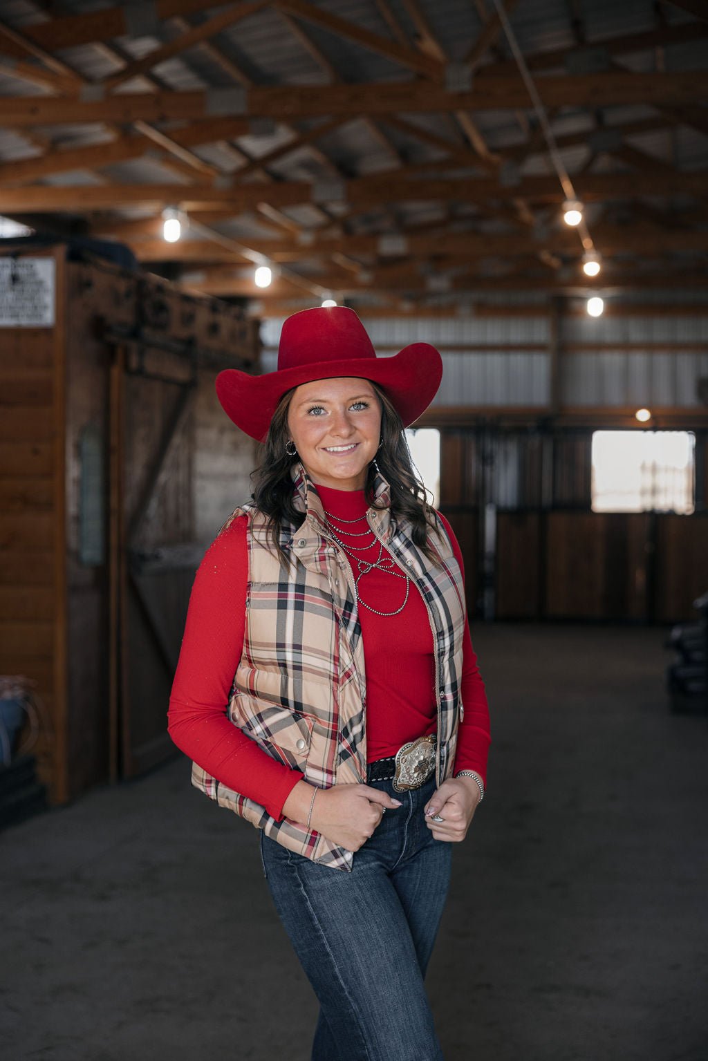 Jodifl Plaid Check Print Padded Western Vest — High Collar with Zipper & Snap Closure (Medium remaining)