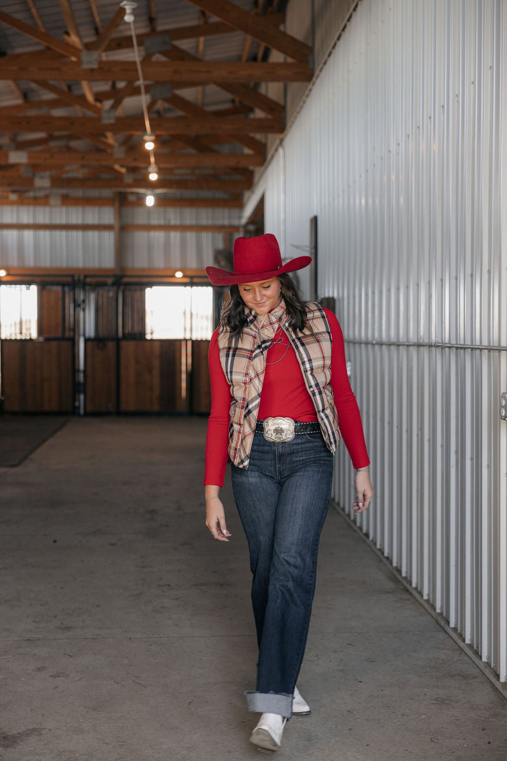 Jodifl Plaid Check Print Padded Western Vest — High Collar with Zipper & Snap Closure (Medium remaining)