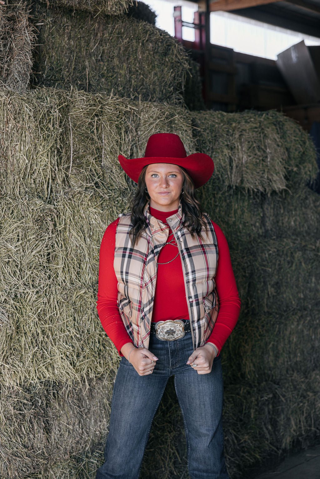 Jodifl Plaid Check Print Padded Western Vest — High Collar with Zipper & Snap Closure (Medium remaining)