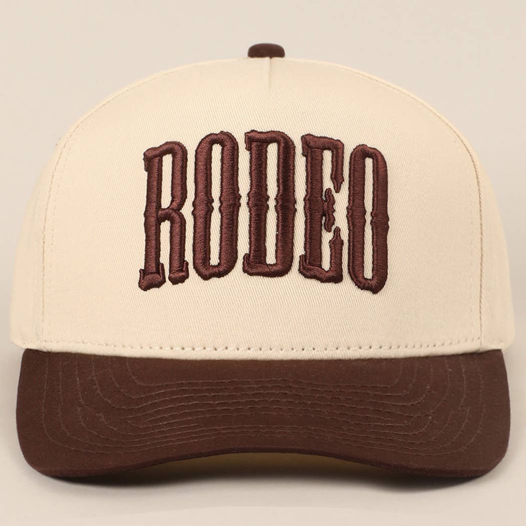 "RODEO" Two-Tone Embroidered Trucker Hat — Wine Red Cotton Canvas with Raised Lettering & 5-Panel Structure