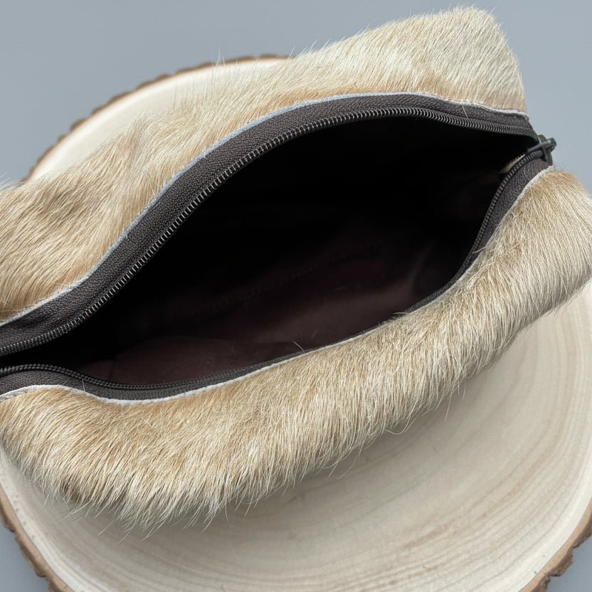Western Toiletry Bag — Beige Hair-on-Hide Cowhide (8" Travel-Ready)