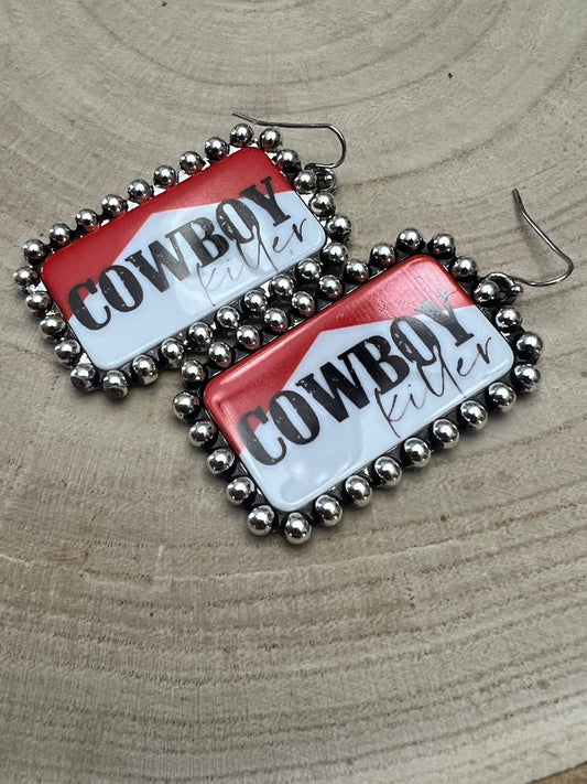 Western Cowboy Killer Rectangle Earrings — Red & White Western Statement