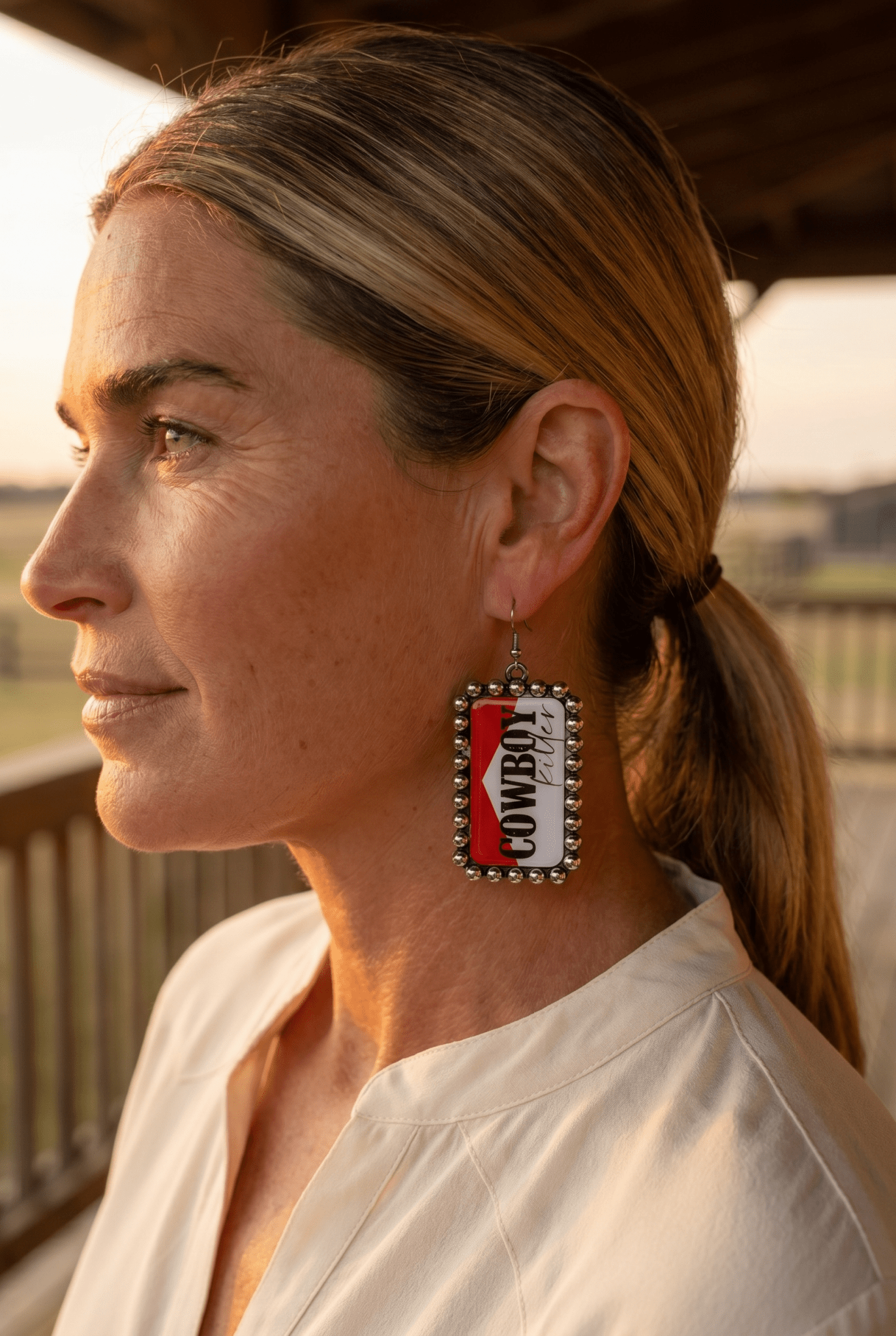 Western Cowboy Killer Rectangle Earrings — Red & White Western Statement