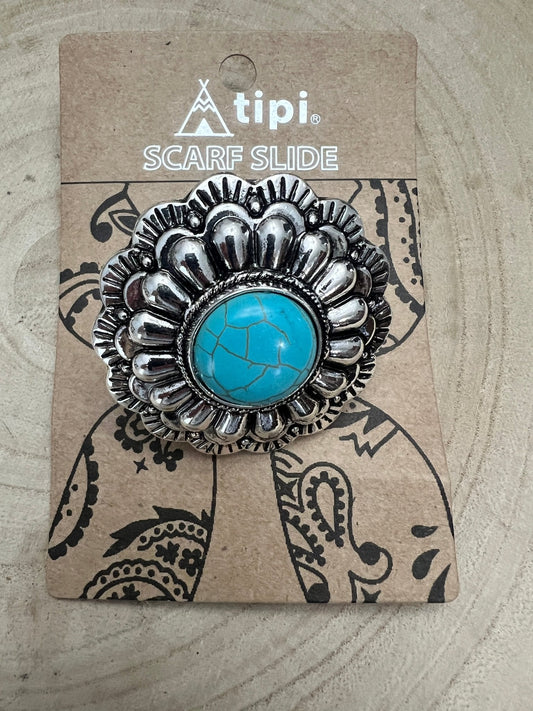 Faux Turquoise Concho Western Scarf Slide — 2" Vintage Silver with Lead/Nickel-Free Comfort