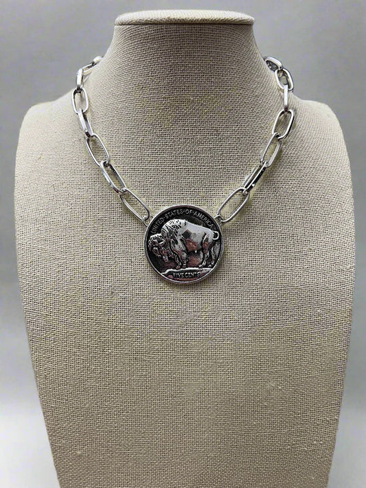 Silver Western Buffalo Coin Statement Choker & Earring Set — Oversized Coin Pendant