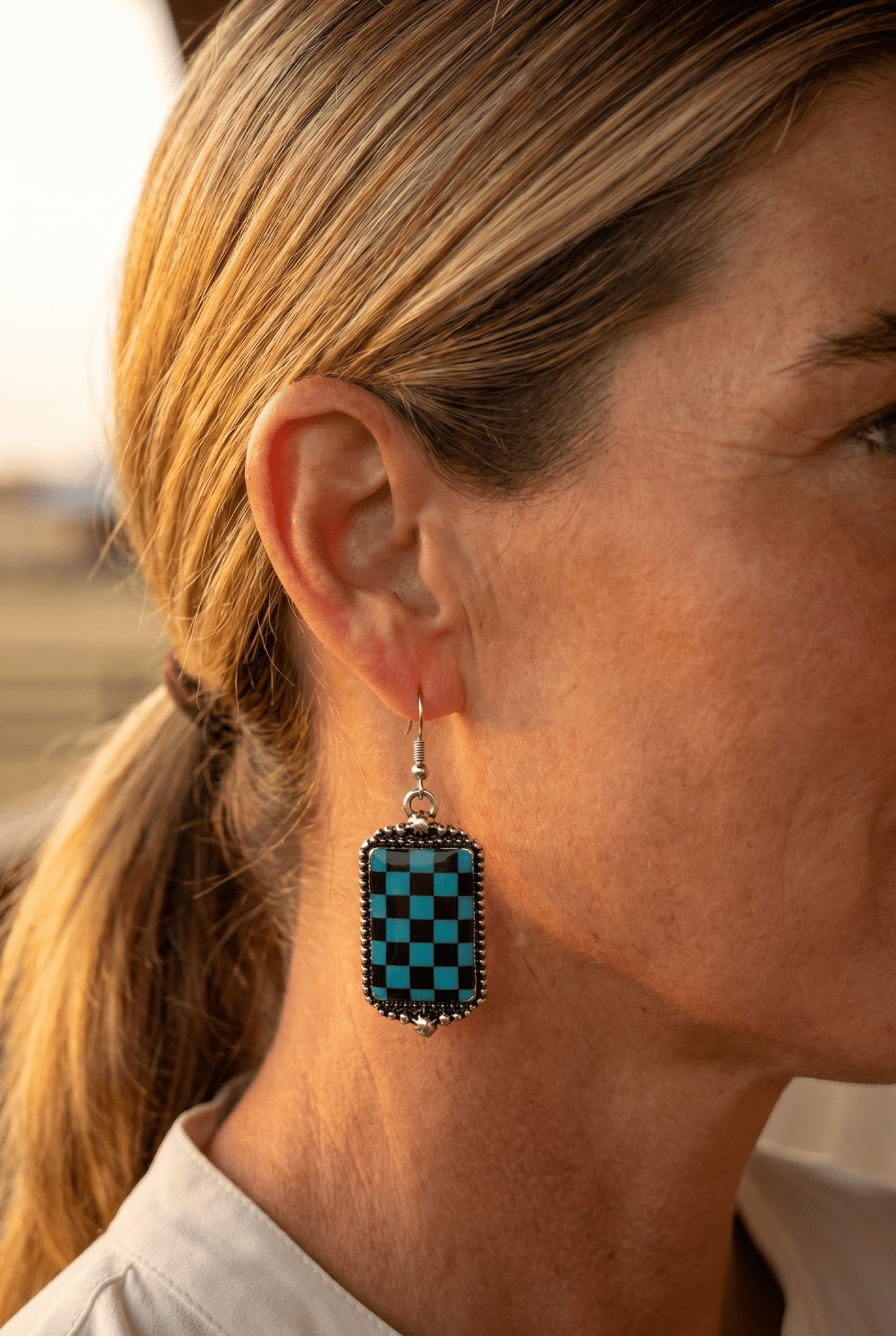 Western Turqoise and Black Checkered Rectangle Earrings — 1½" Drop