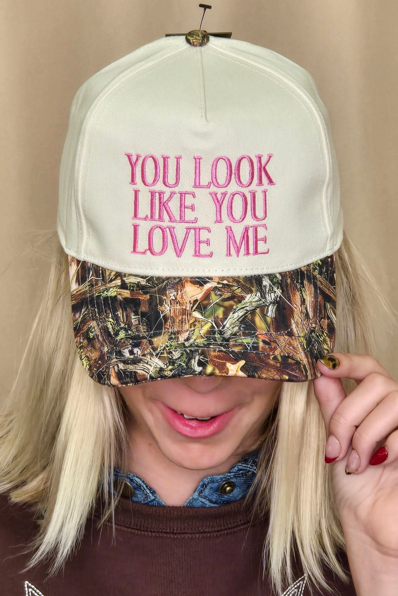 "You Look Like You Love Me" Embroidered Camo Trucker Hat — Cheeky Statement with Adjustable Snapback